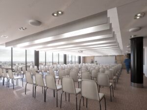 Фото интерьера акустические потолочные панели из минераловатной ваты в виде баффла прямоугольник в аудитории