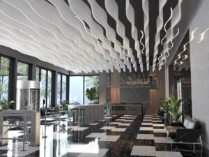 Акустические потолочные 3D-панели сводно весящие в виде вертикальной волны.